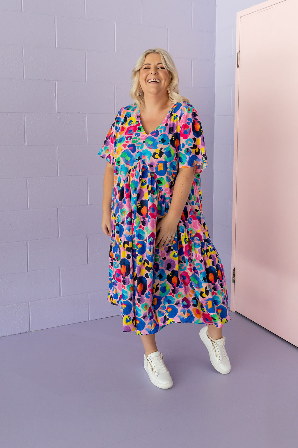Peak Midi Dress in Rainbow Leopard Pink by Kasey Rainbow