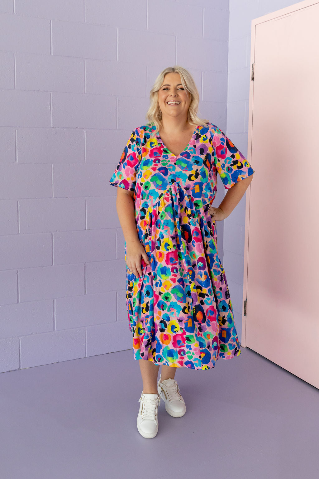 Peak Midi Dress in Rainbow Leopard Pink by Kasey Rainbow