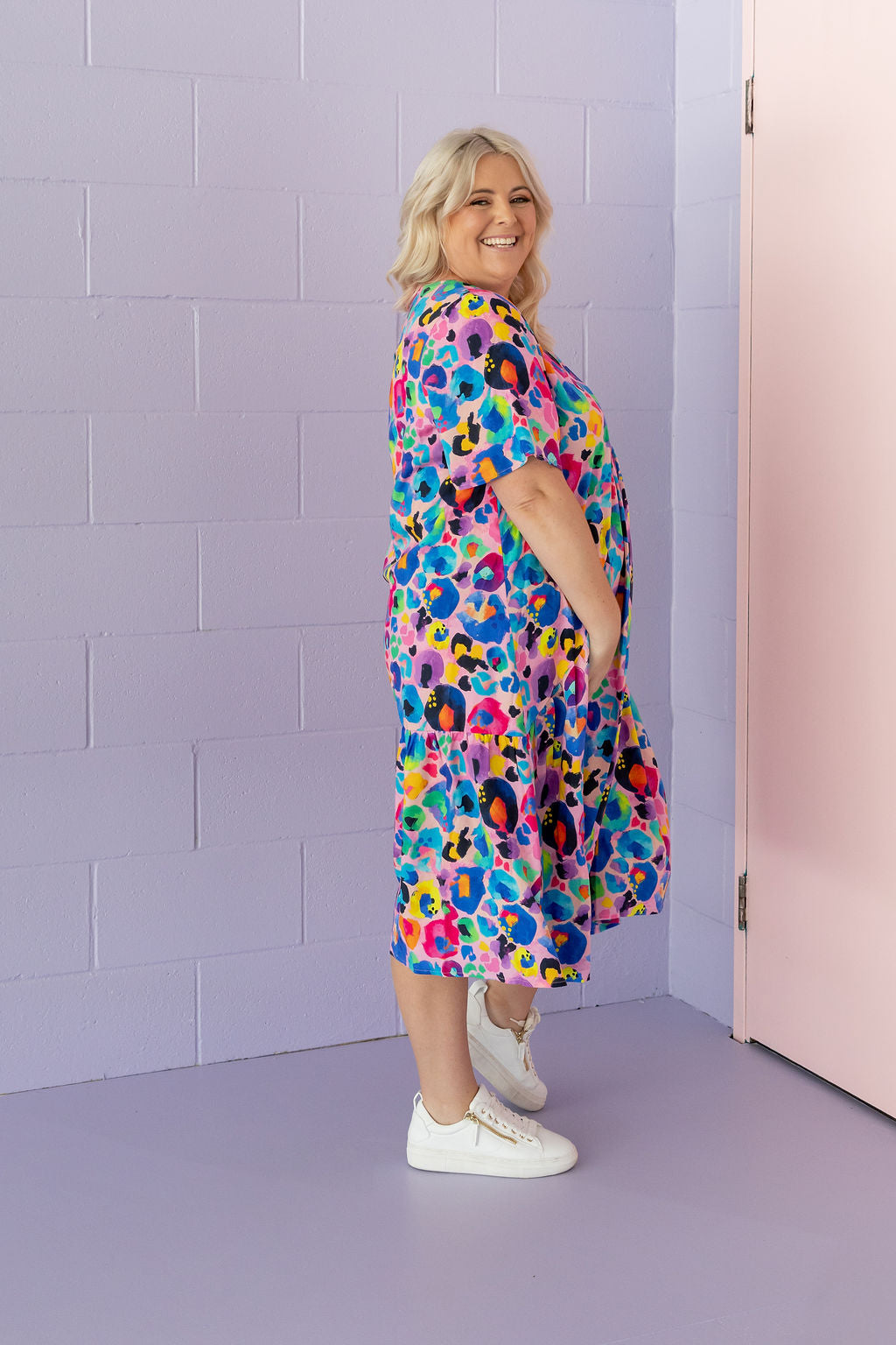 Peak Midi Dress in Rainbow Leopard Pink by Kasey Rainbow