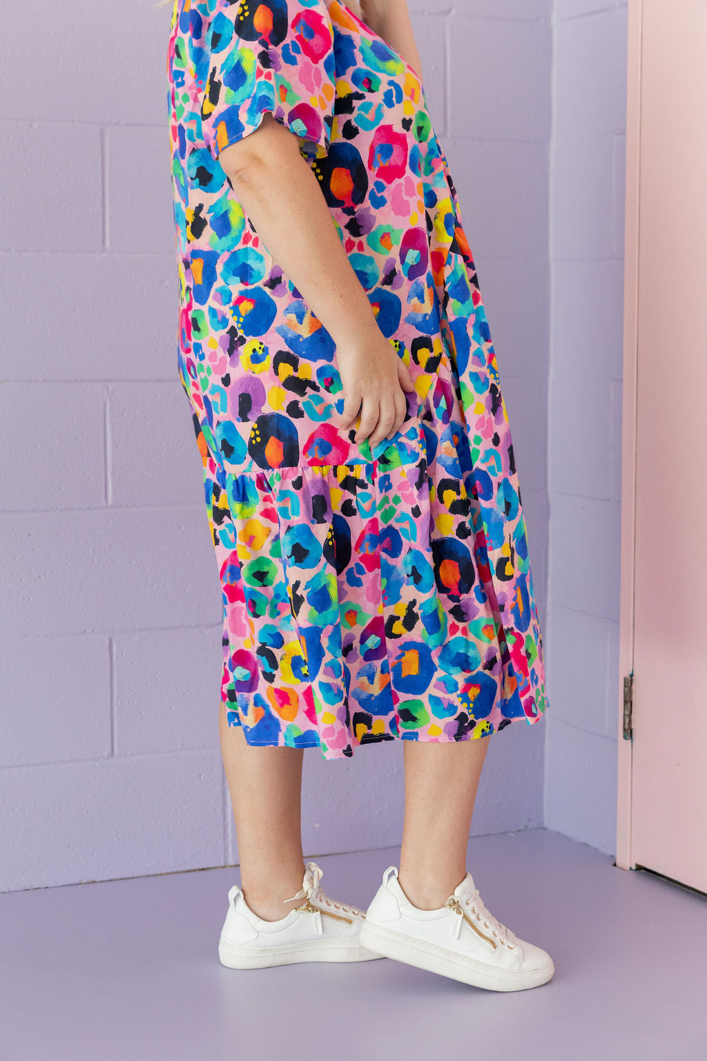 Peak Midi Dress in Rainbow Leopard Pink by Kasey Rainbow