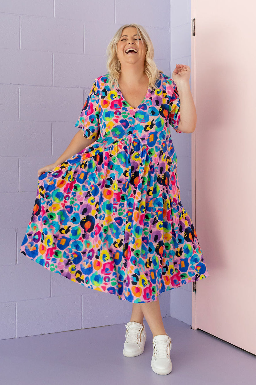 Peak Midi Dress in Rainbow Leopard Pink by Kasey Rainbow