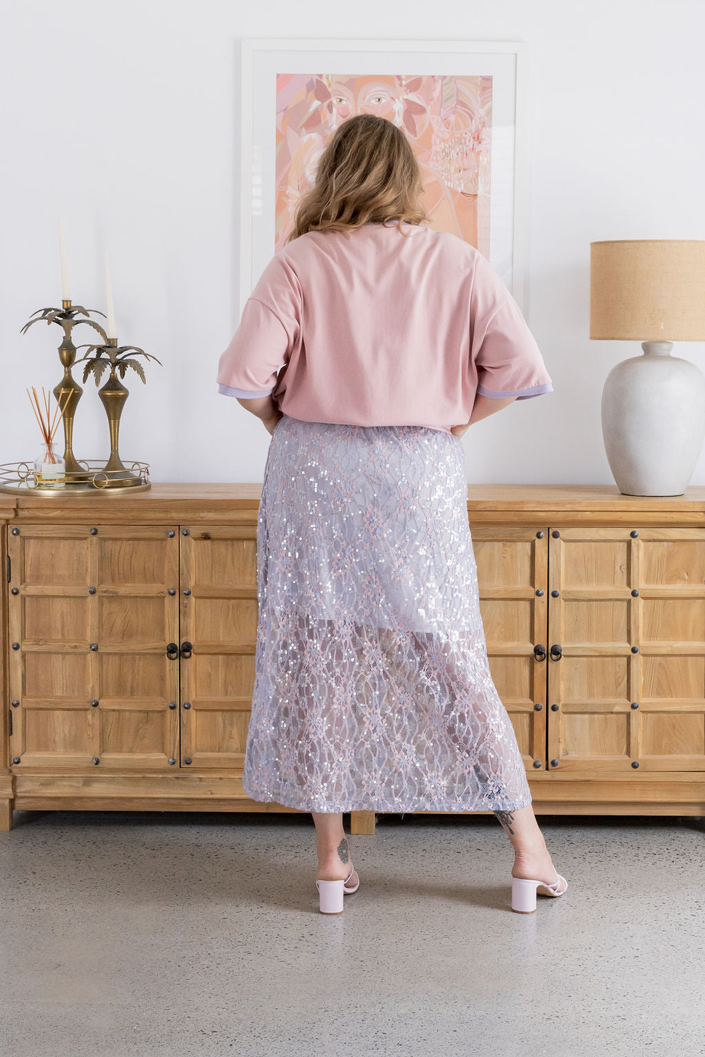 Zena Embelished Skirt in Lilac/Pink Lace