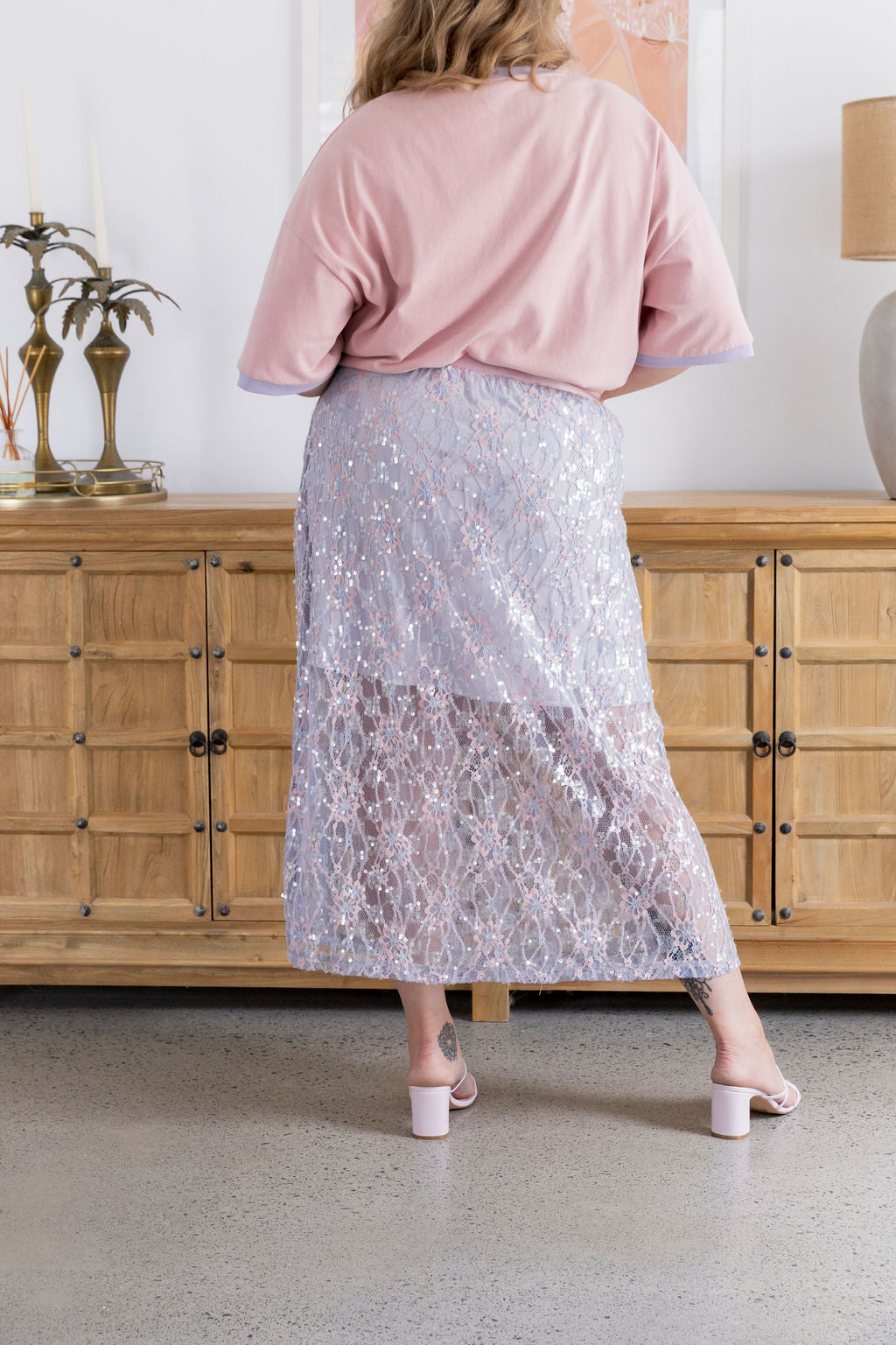 Zena Embelished Skirt in Lilac/Pink Lace