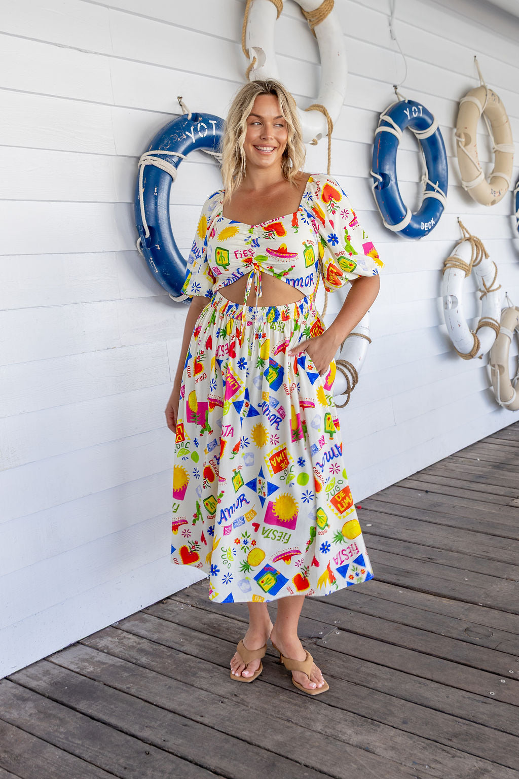 Pippa Linen Blend Cut Out Dress in Corazon