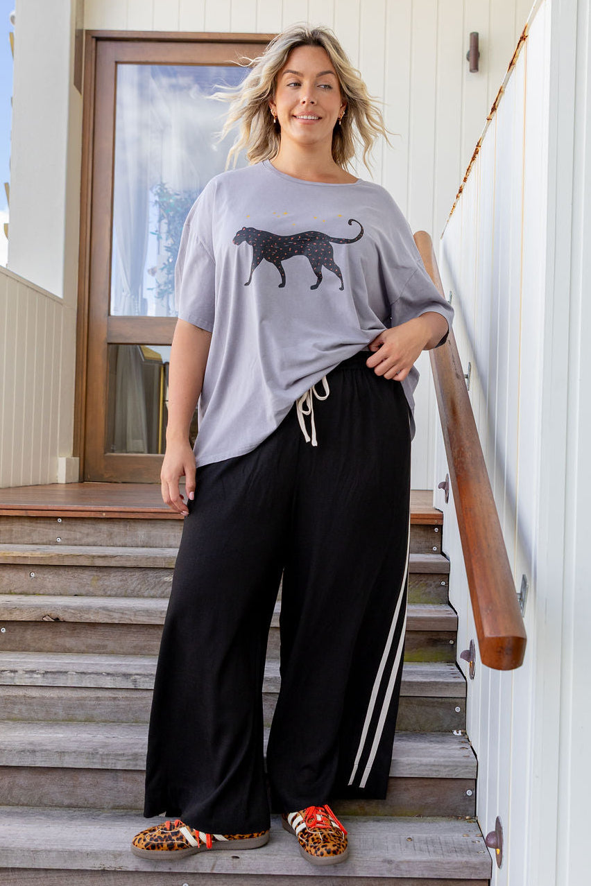 Side Stripe Linen Blend Pants in Black/Cream
