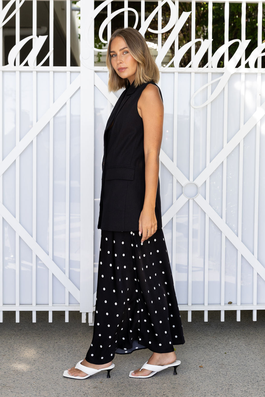 Livy Bias Skirt in Black Base Polka Dot