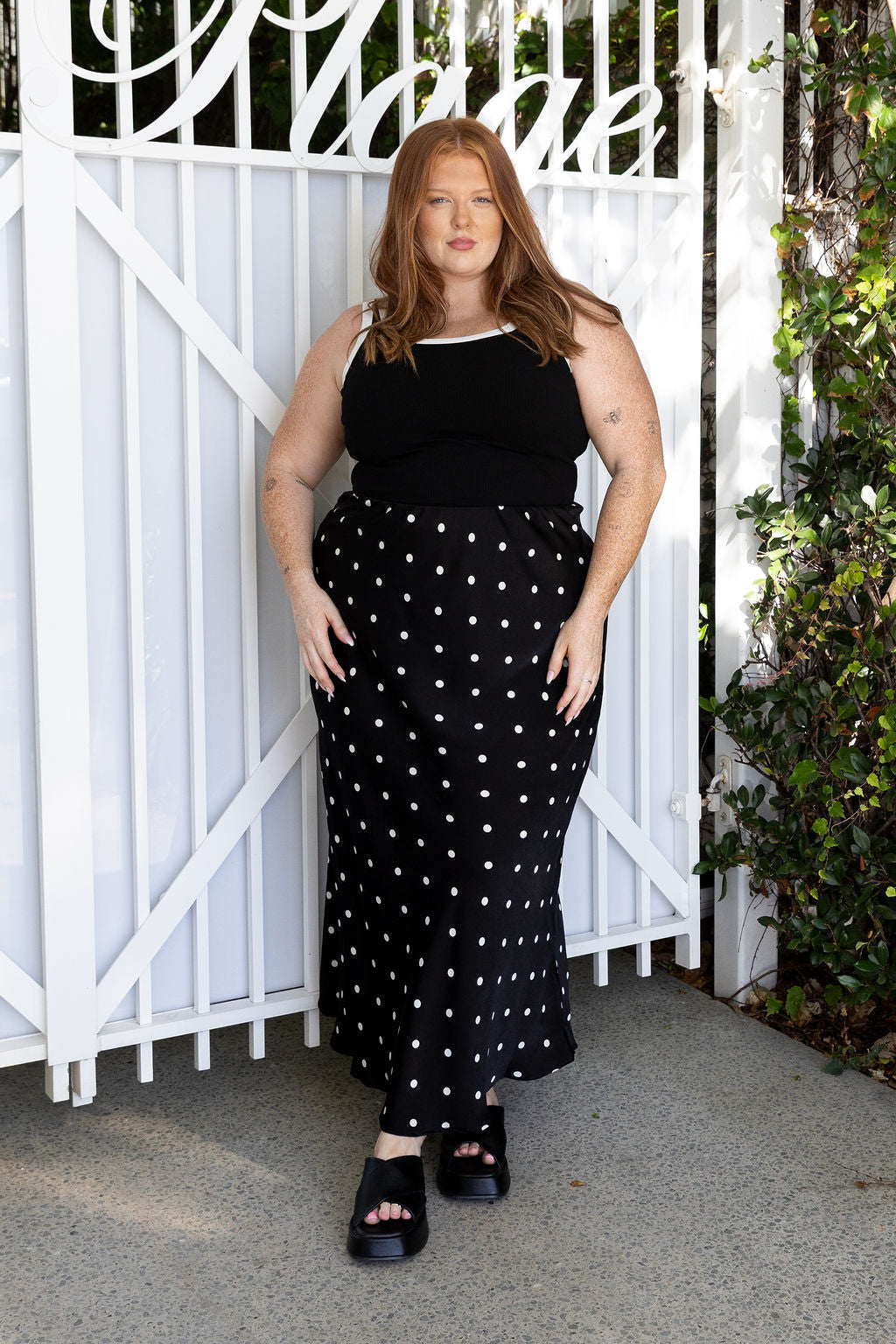 Livy Bias Skirt in Black Base Polka Dot