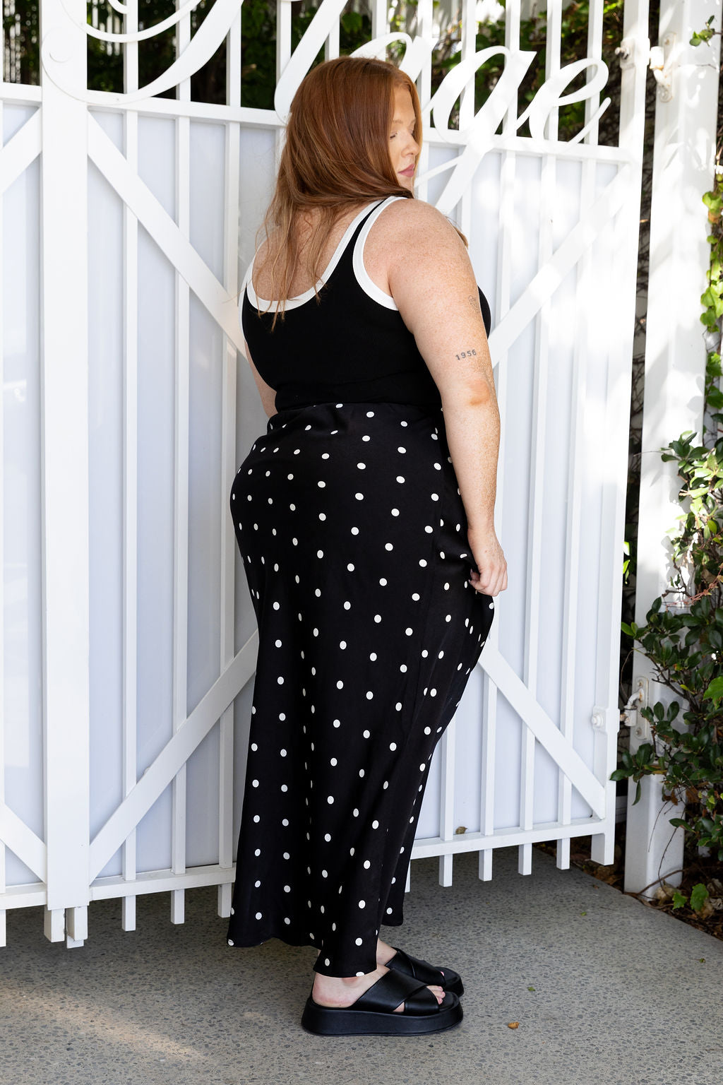 Livy Bias Skirt in Black Base Polka Dot