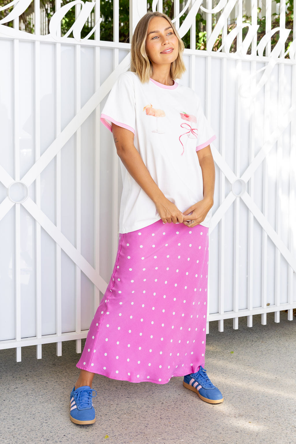 Livy Bias Skirt in Pink Base Polka Dot