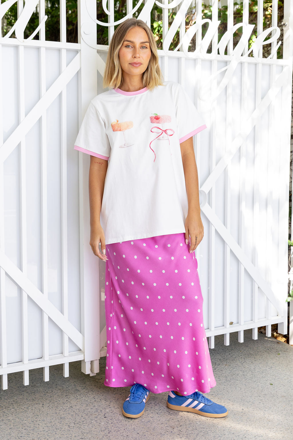 Livy Bias Skirt in Pink Base Polka Dot