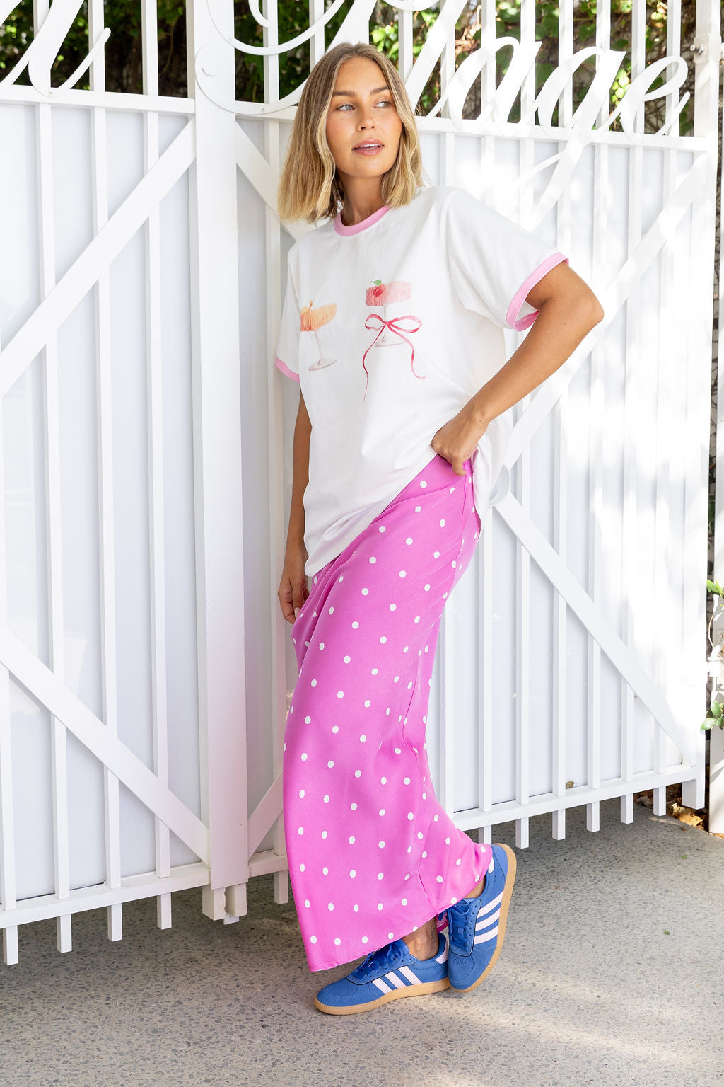 Livy Bias Skirt in Pink Base Polka Dot