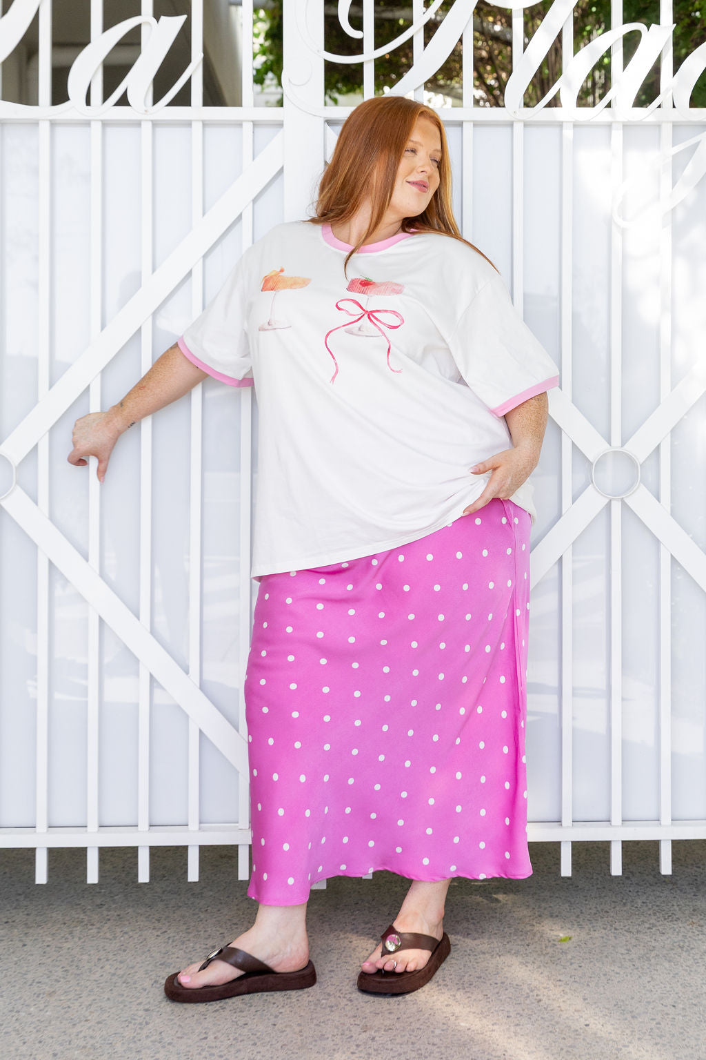 Livy Bias Skirt in Pink Base Polka Dot
