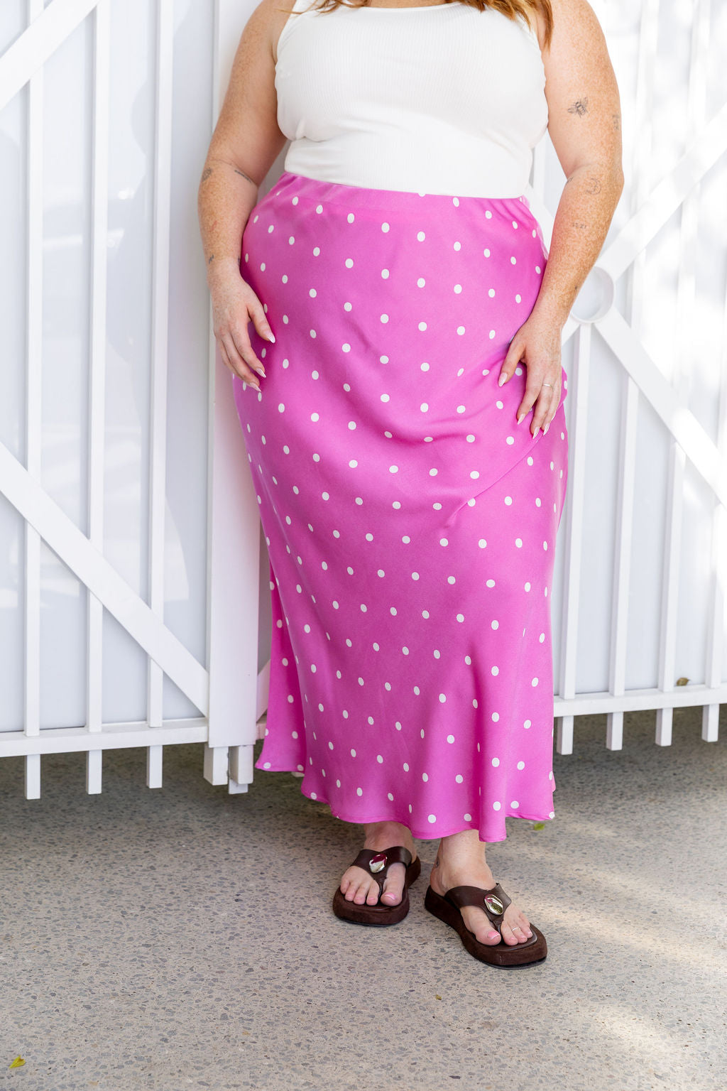 Livy Bias Skirt in Pink Base Polka Dot