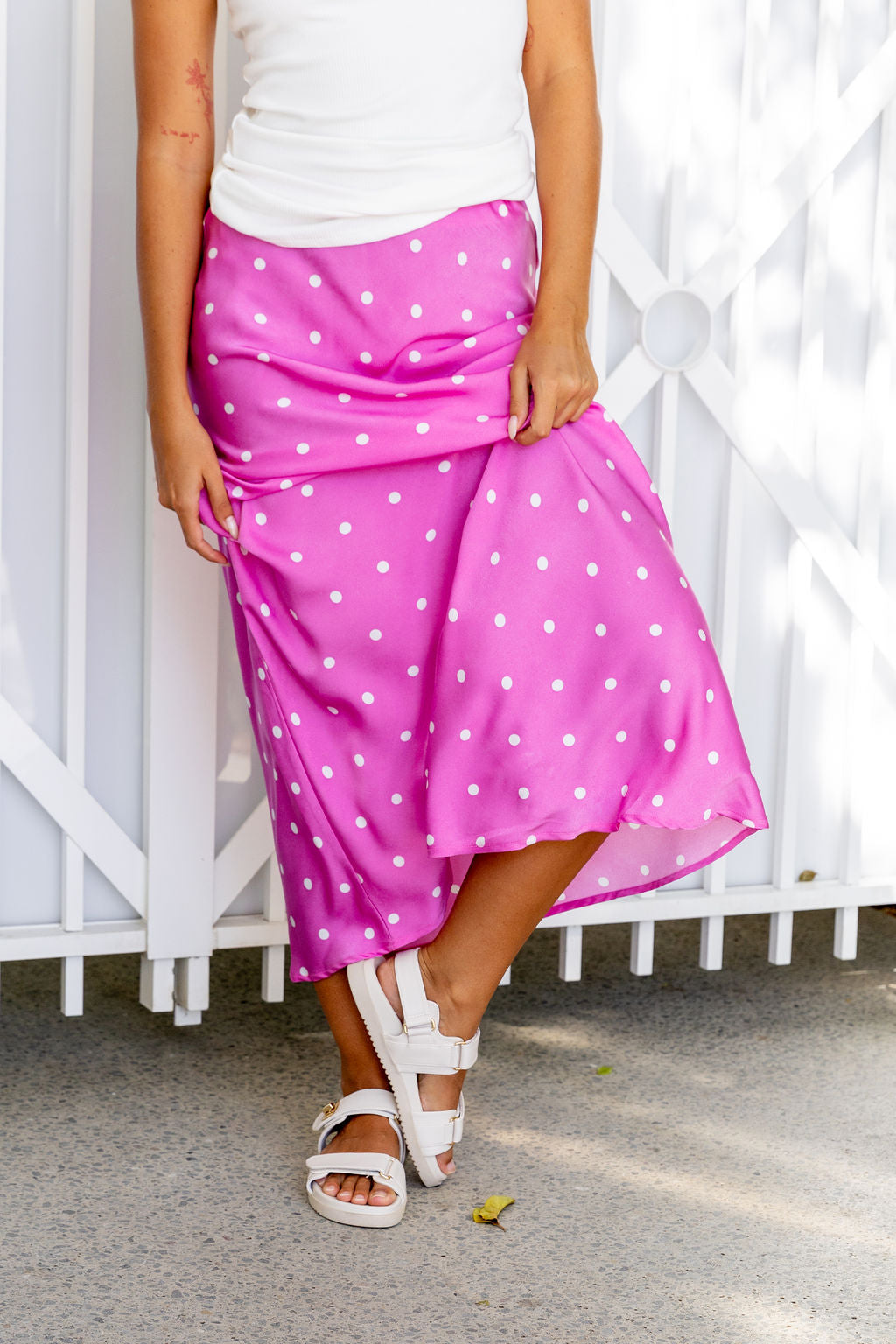 Livy Bias Skirt in Pink Base Polka Dot