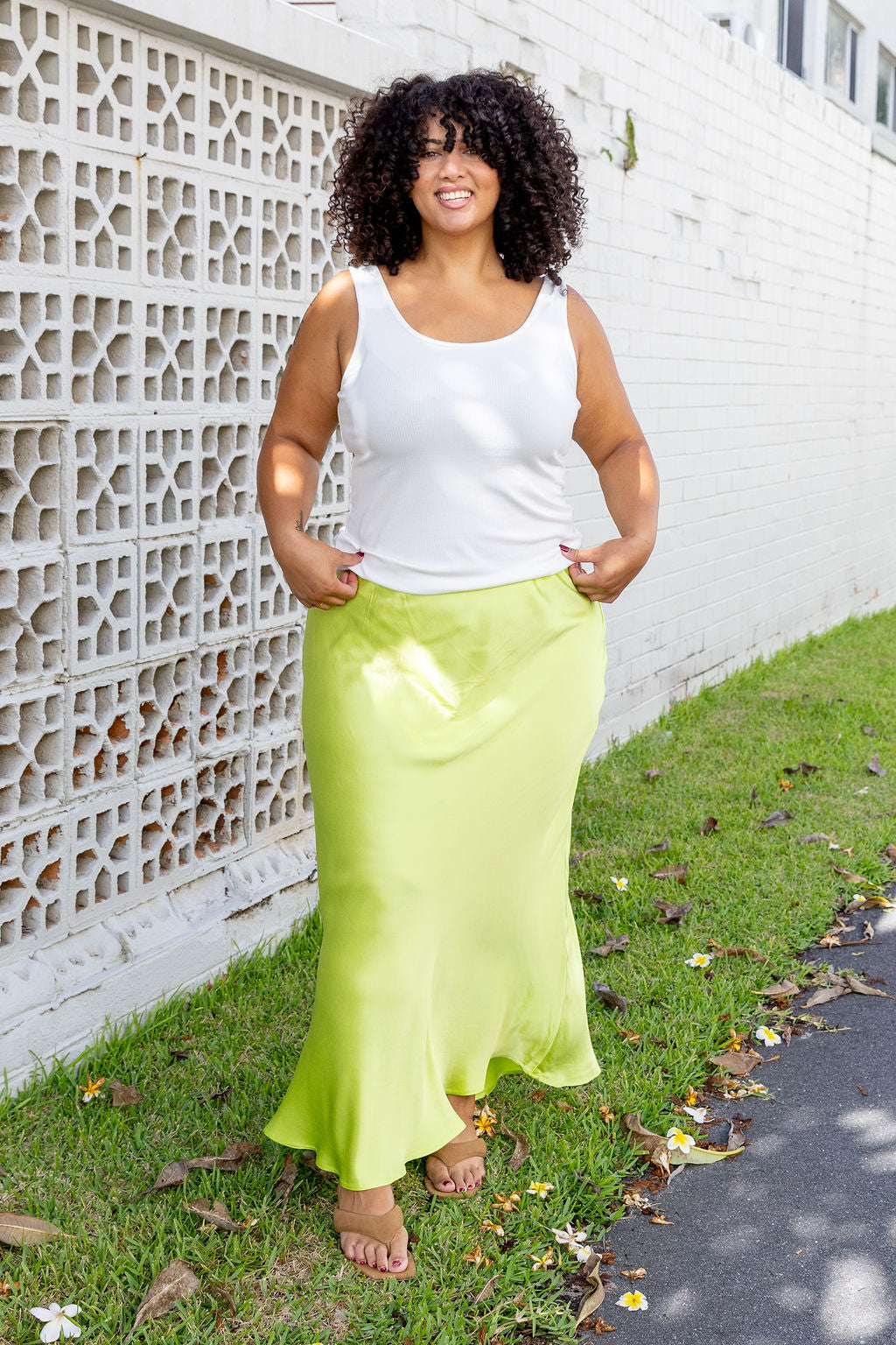 Livy Bias Skirt in Viscose Satin Lime