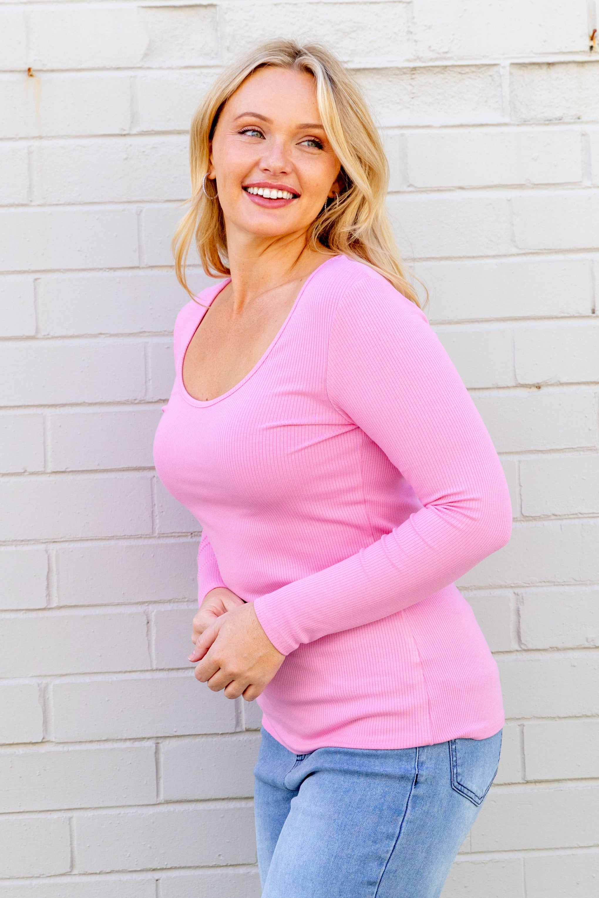Billi Long Sleeve Rib Tee in Barbie
