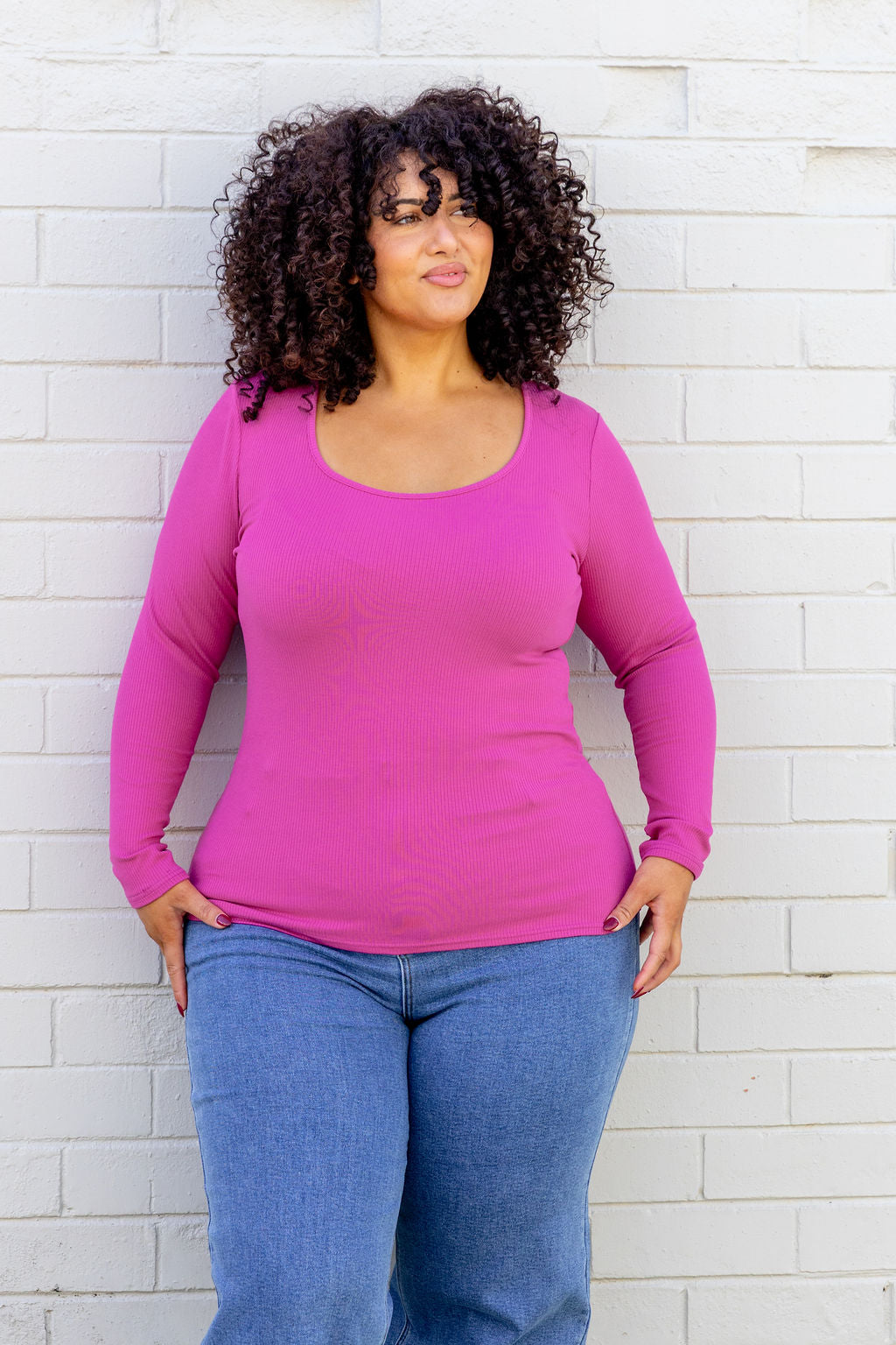 Billi Long Sleeve Rib Tee in Fuchsia