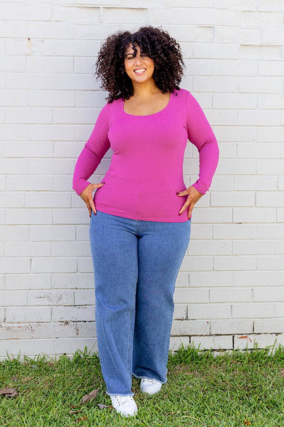 Billi Long Sleeve Rib Tee in Fuchsia