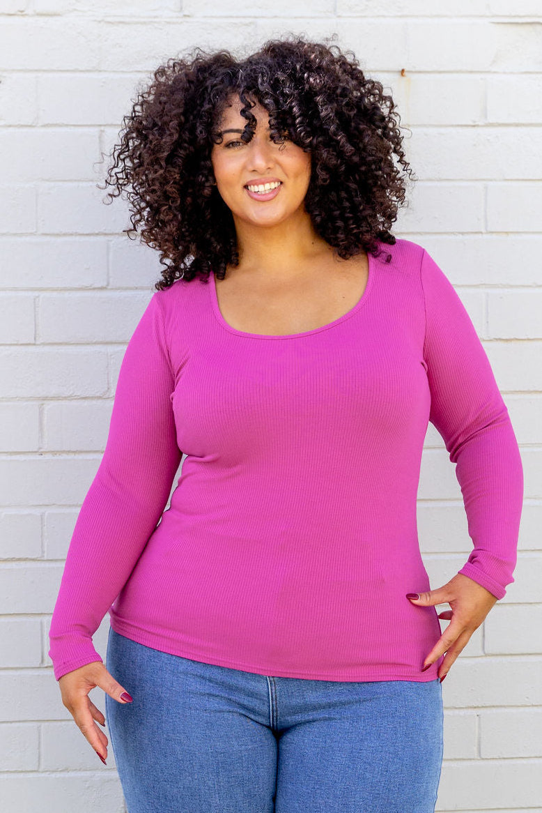 Billi Long Sleeve Rib Tee in Fuchsia