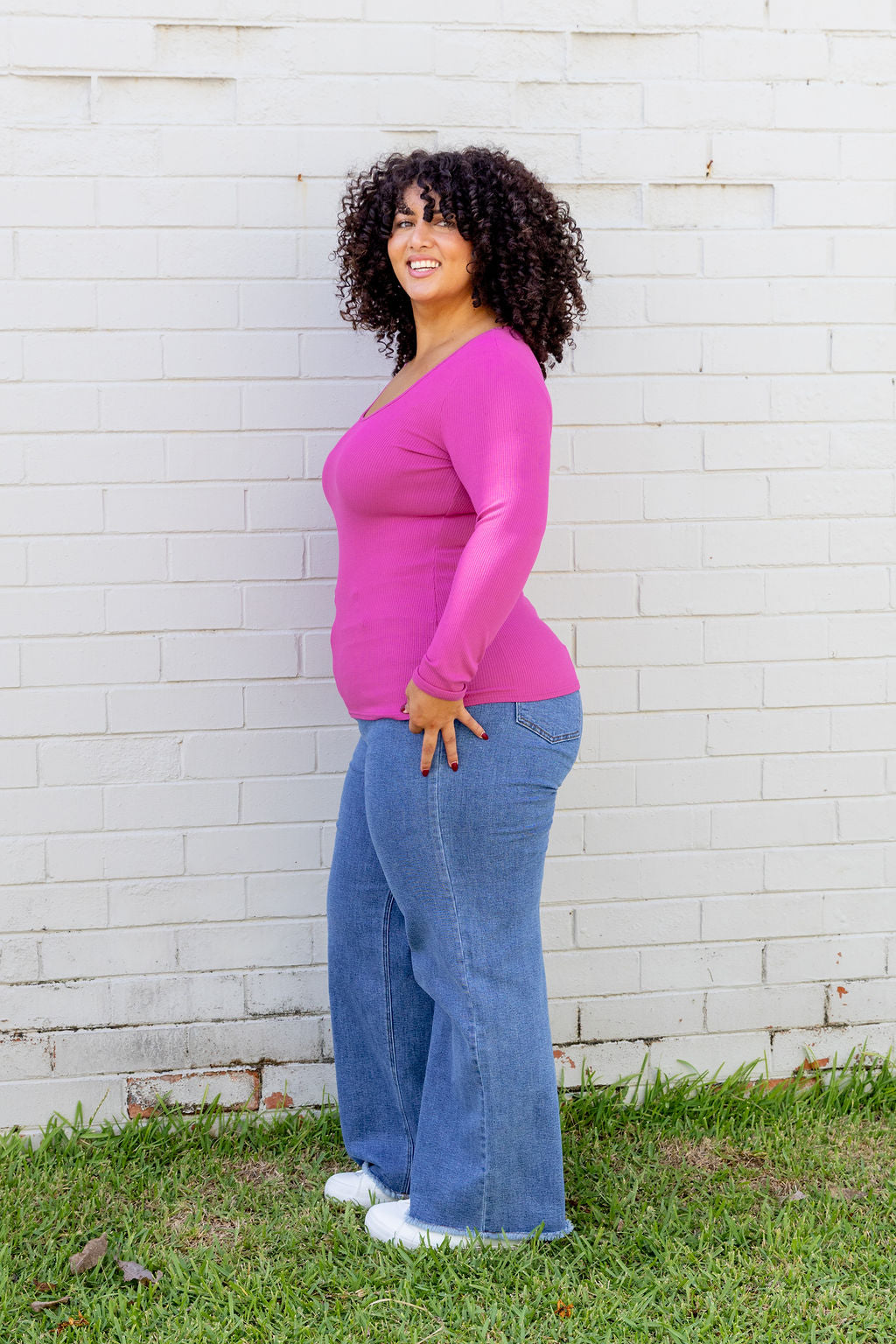 Billi Long Sleeve Rib Tee in Fuchsia