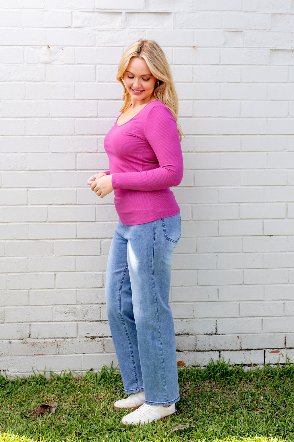 Billi Long Sleeve Rib Tee in Fuchsia