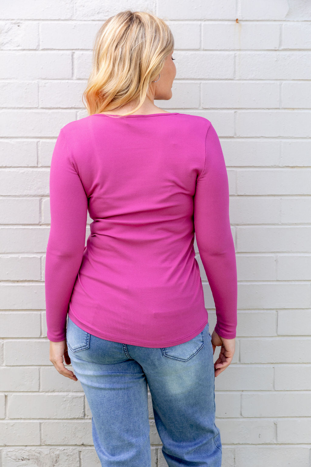 Billi Long Sleeve Rib Tee in Fuchsia