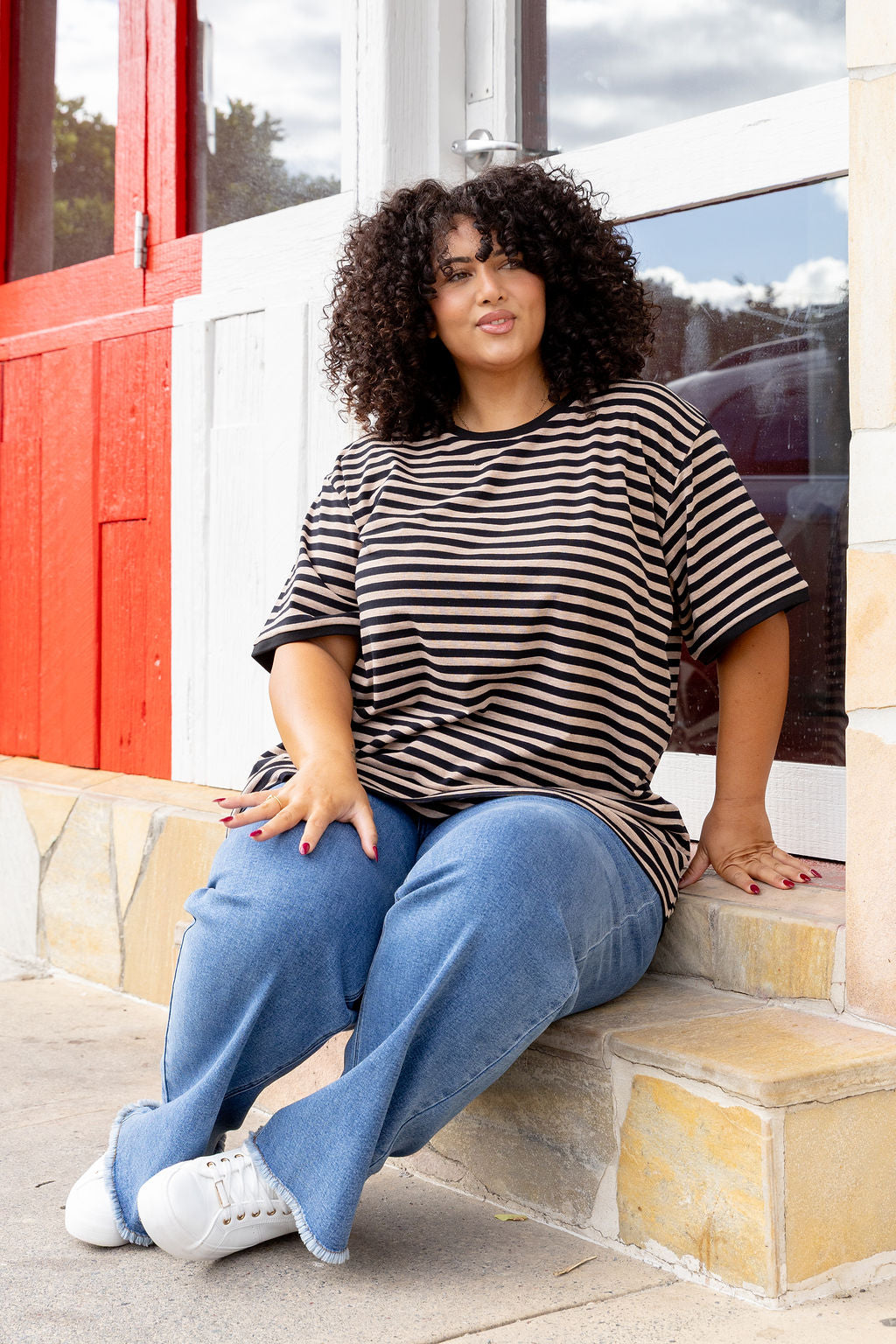 Striped Tee in Black/Oat Marle