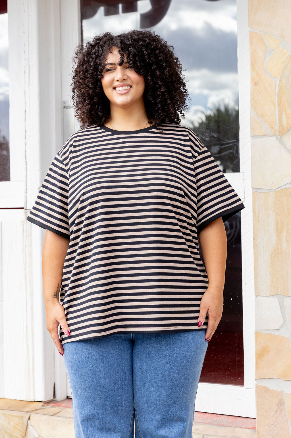 Striped Tee in Black/Oat Marle