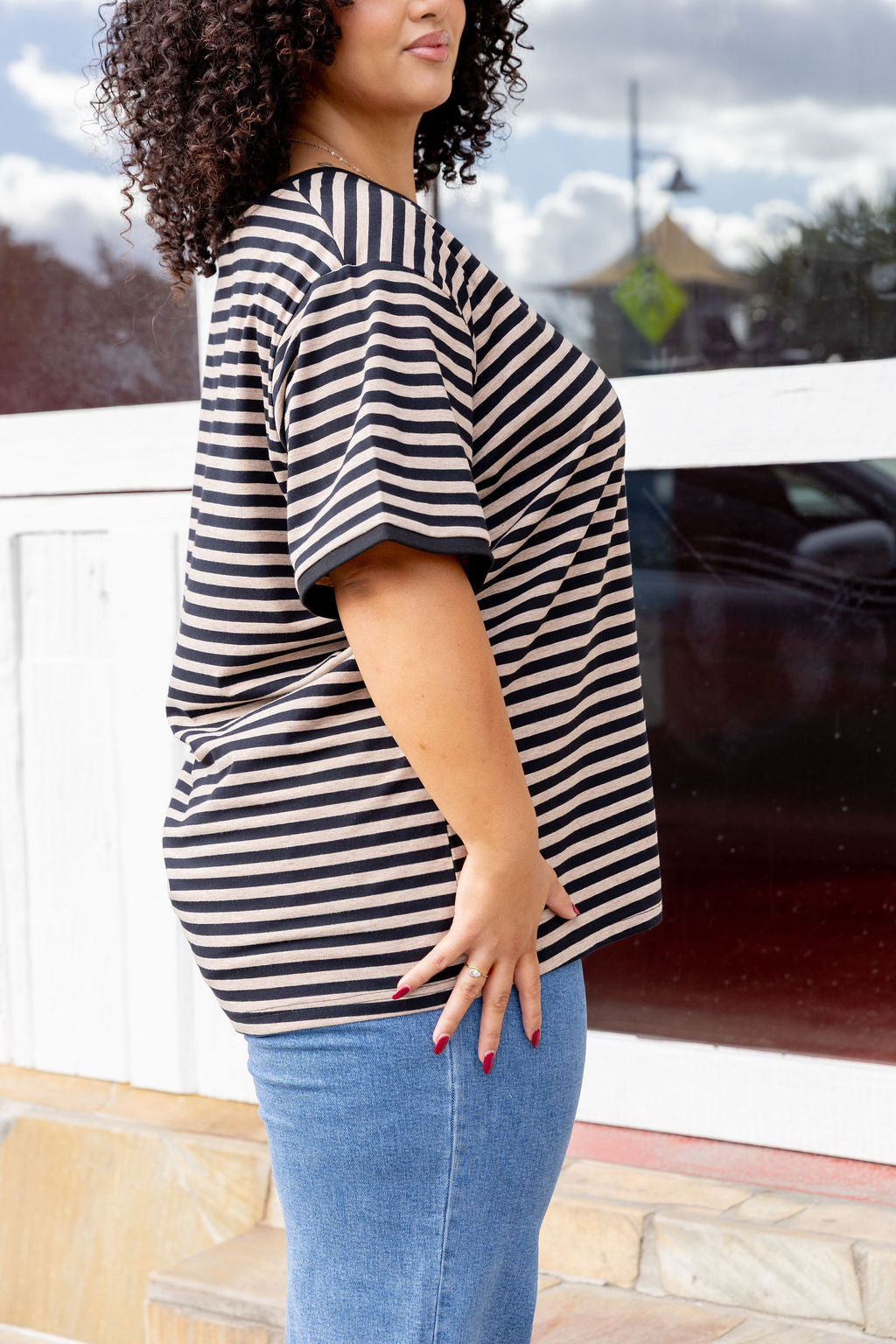 Striped Tee in Black/Oat Marle
