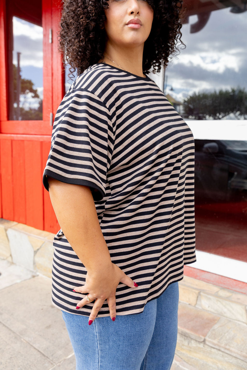 Striped Tee in Black/Oat Marle