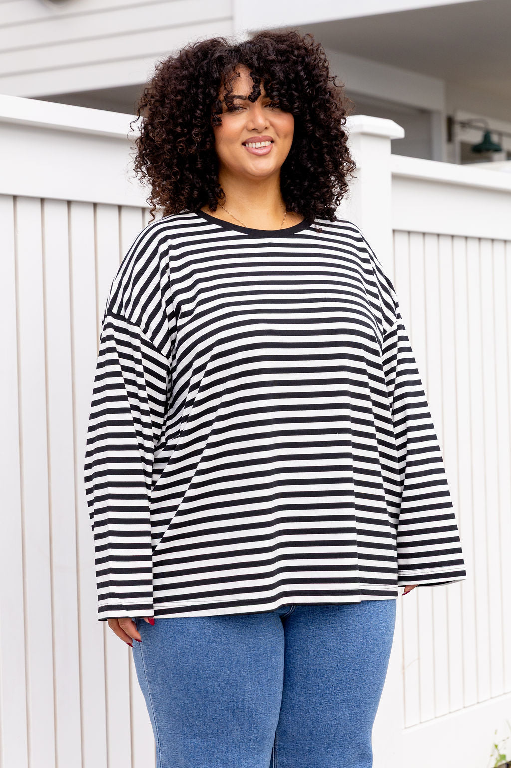 Long Sleeve Boxy Tee in Black/Grey Marle Stripes