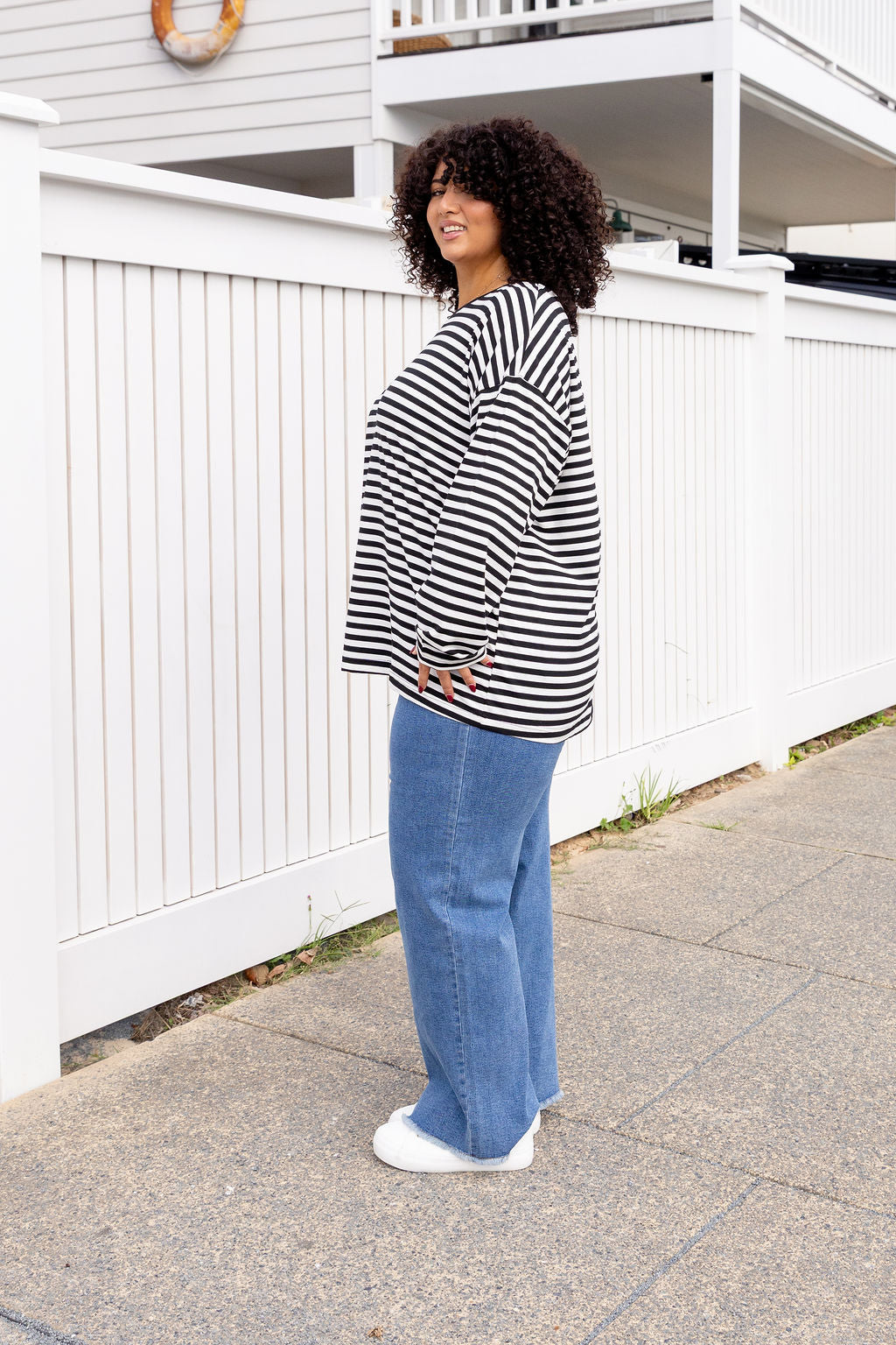 Long Sleeve Boxy Tee in Black/Grey Marle Stripes