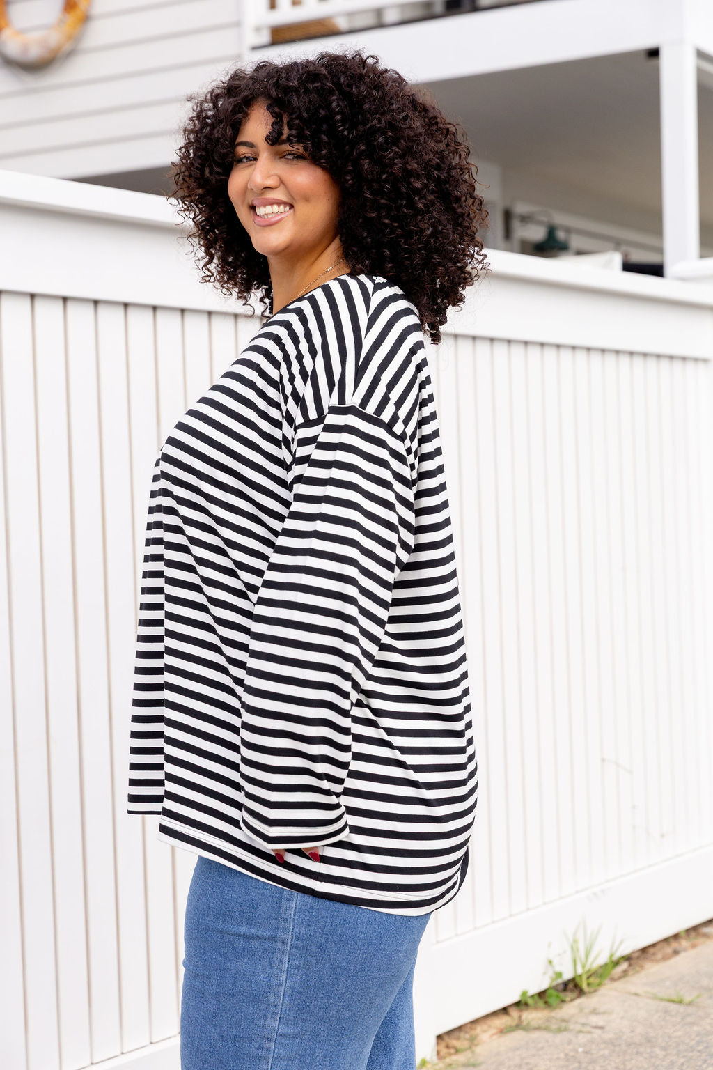 Long Sleeve Boxy Tee in Black/Grey Marle Stripes