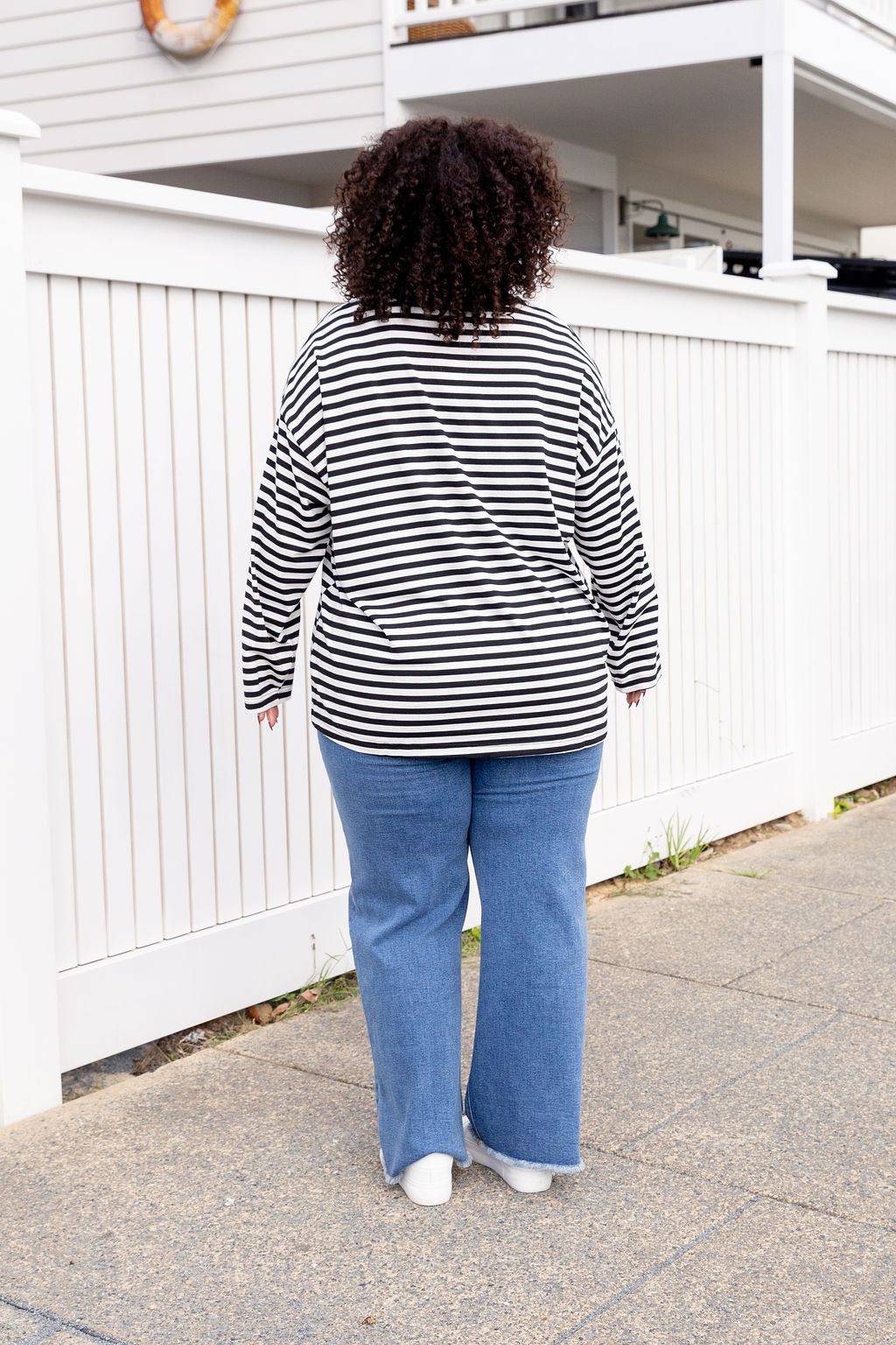 Long Sleeve Boxy Tee in Black/Grey Marle Stripes