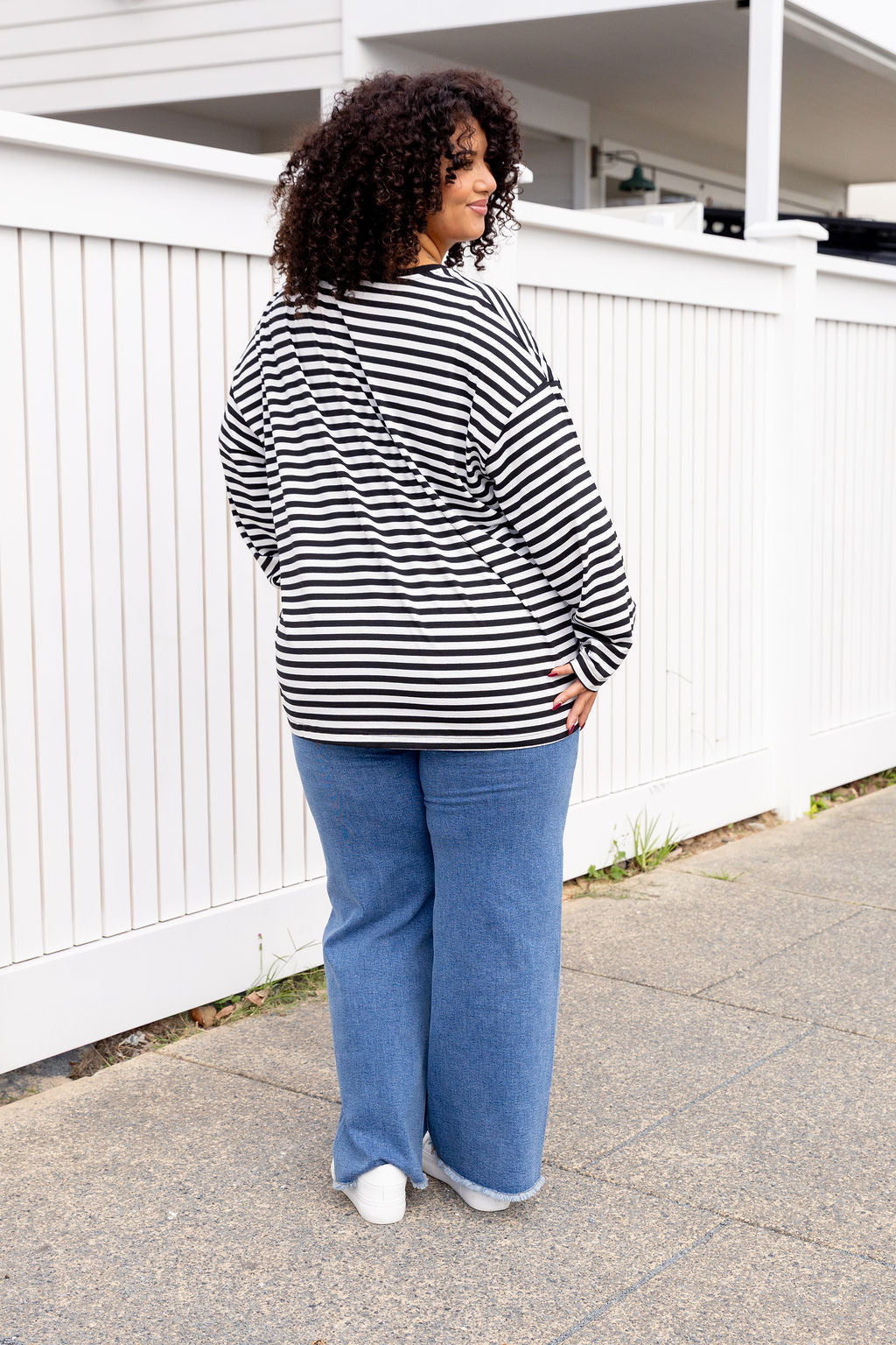 Long Sleeve Boxy Tee in Black/Grey Marle Stripes