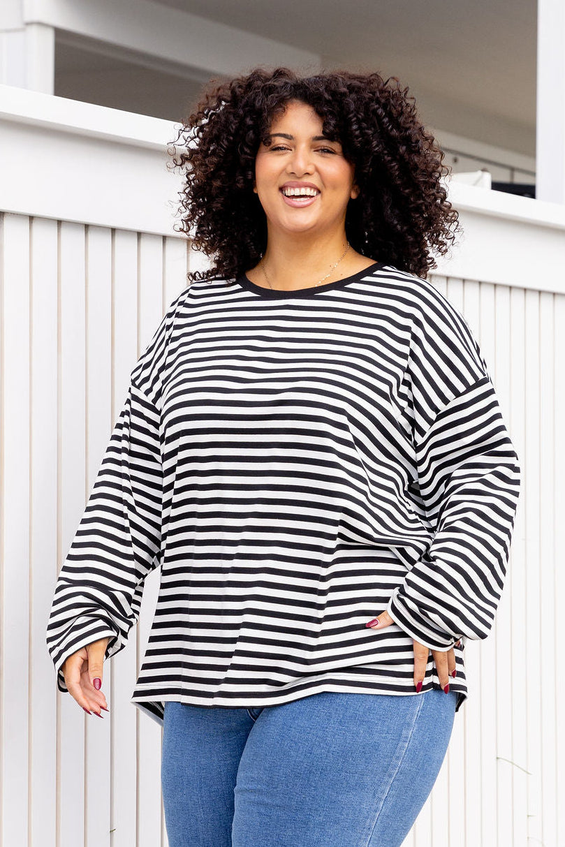 Long Sleeve Boxy Tee in Black/Grey Marle Stripes