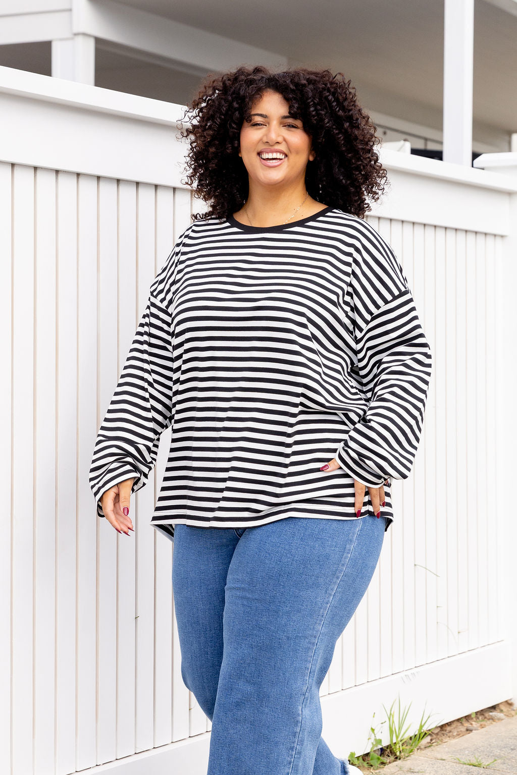 Long Sleeve Boxy Tee in Black/Grey Marle Stripes
