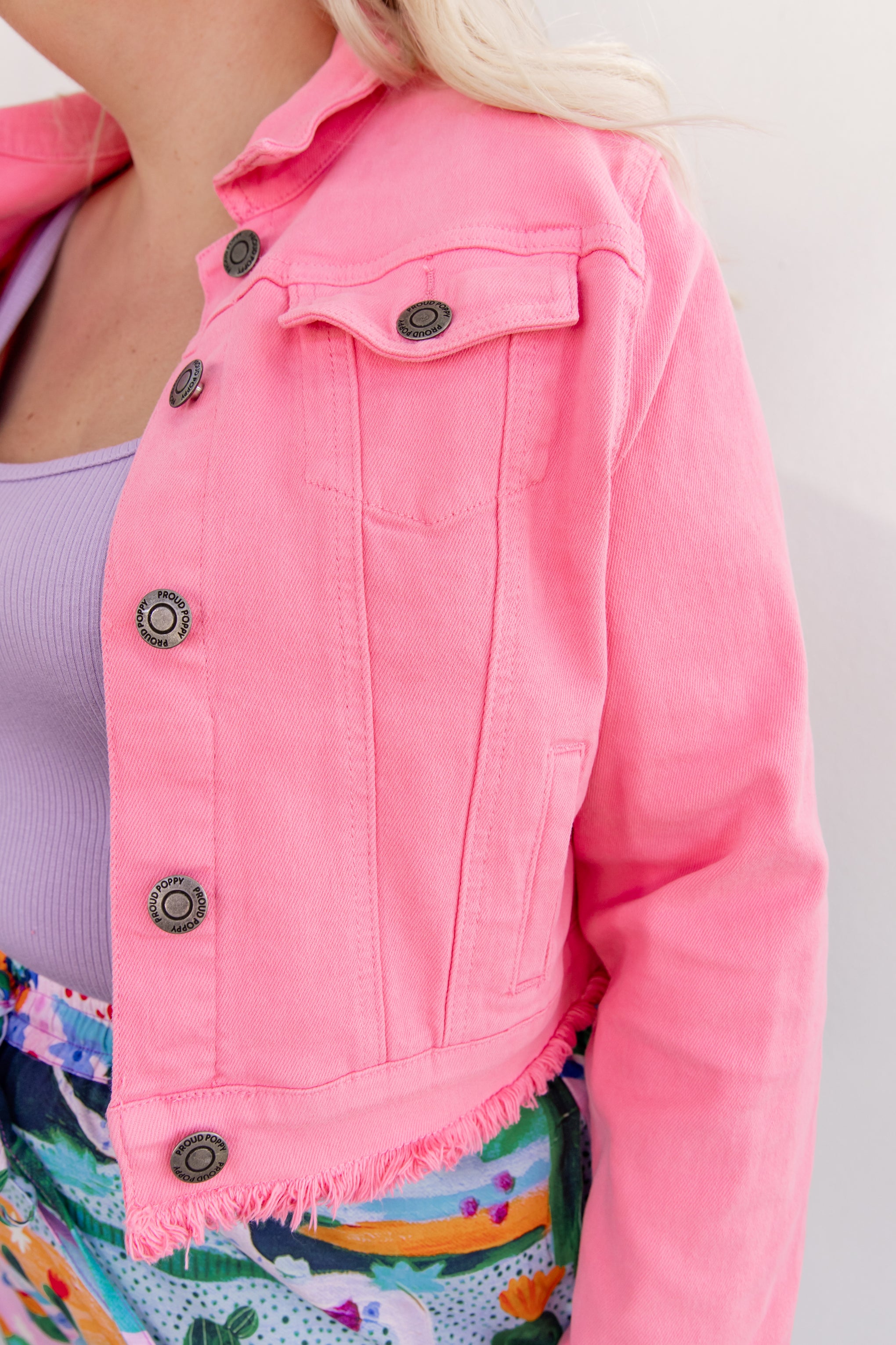 Kenzi Cropped Denim Jacket in Pink