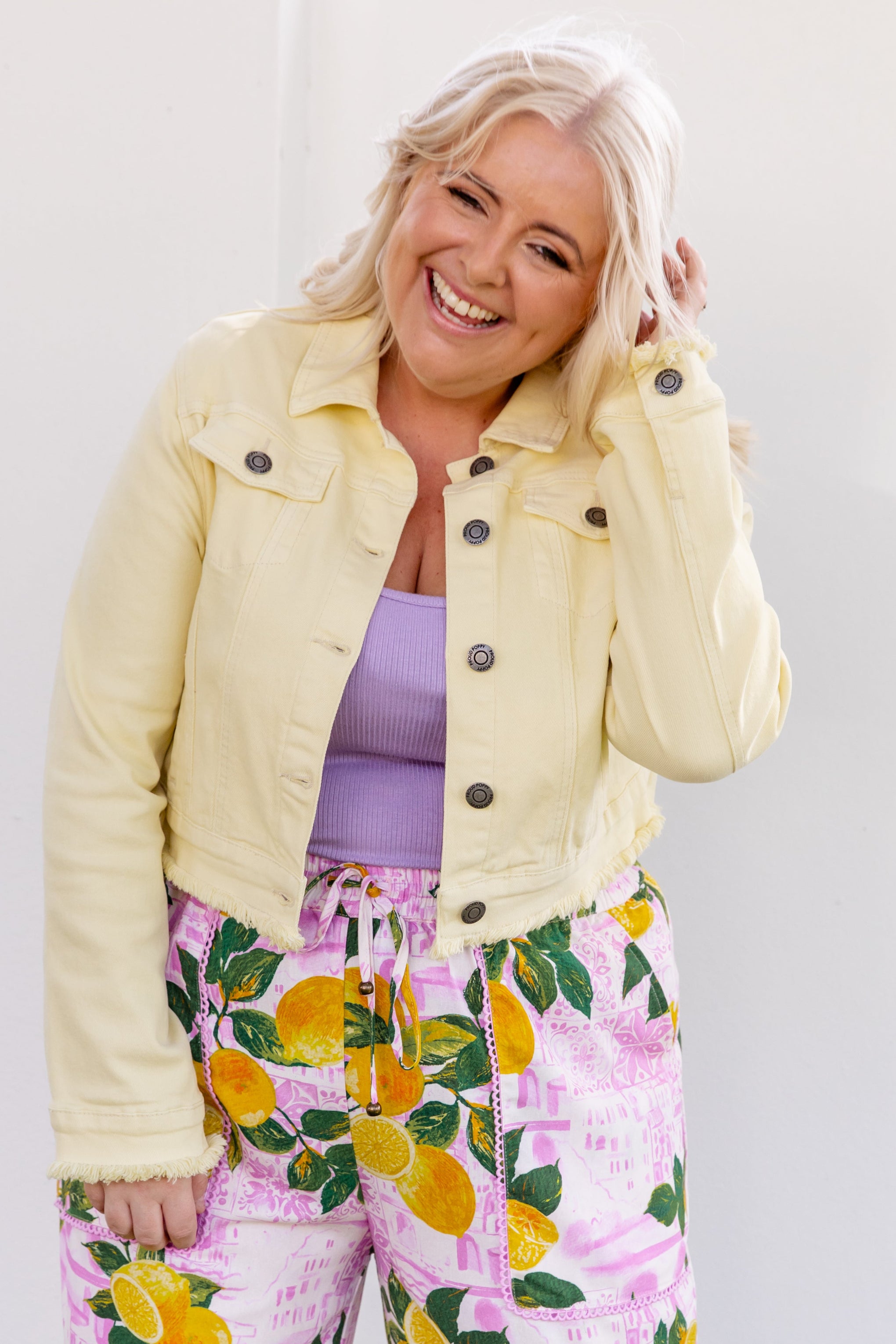 Kenzi Cropped Denim Jacket in Lemon Butter