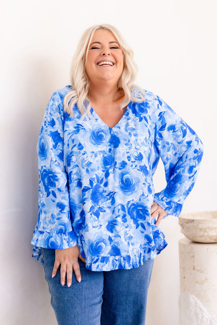 Natalie Long Sleeve Top in Blue Roses