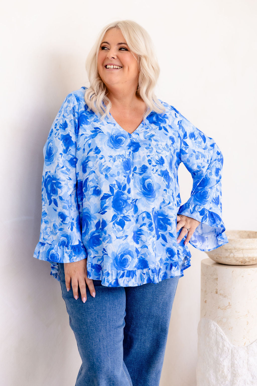 Natalie Long Sleeve Top in Blue Roses