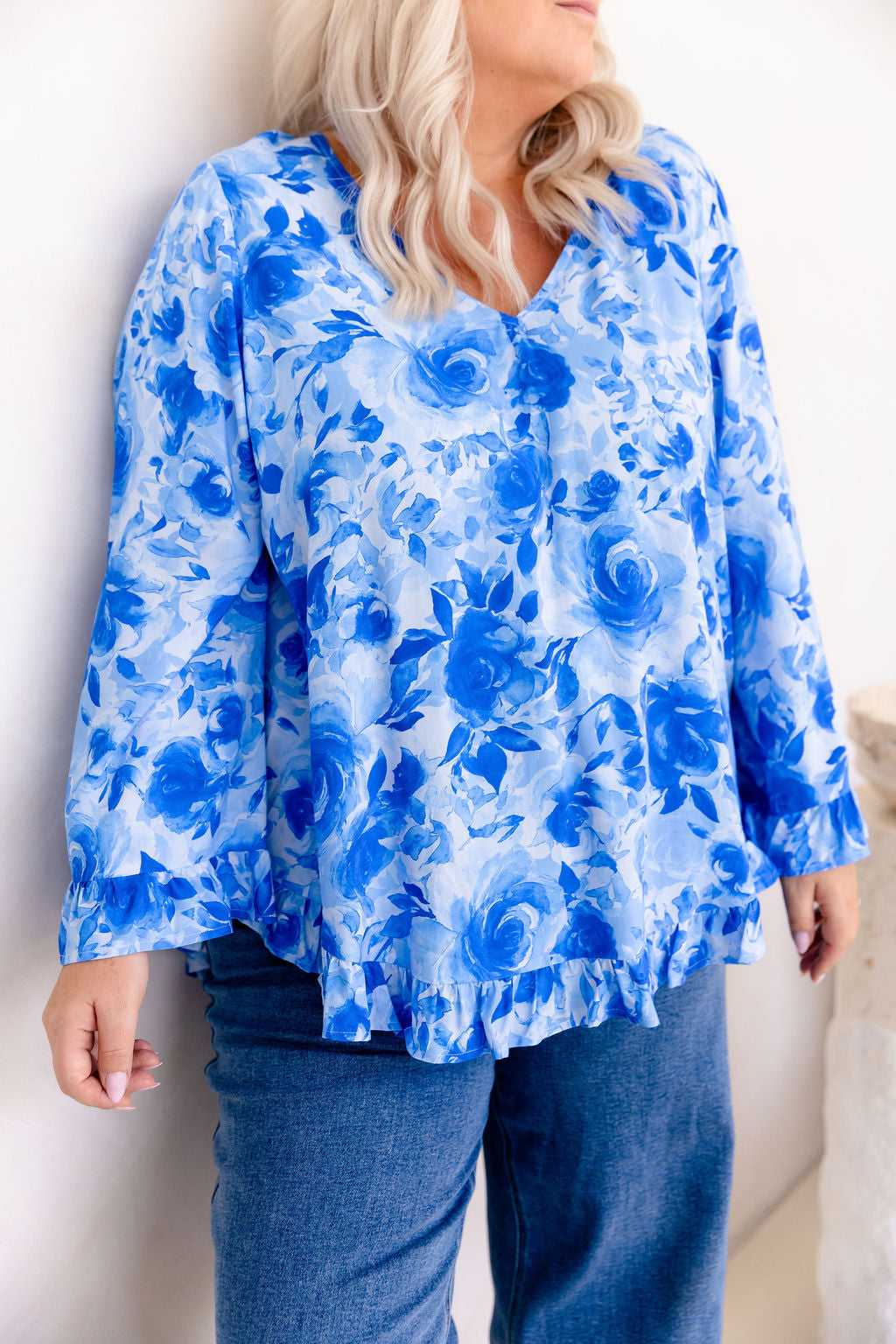 Natalie Long Sleeve Top in Blue Roses