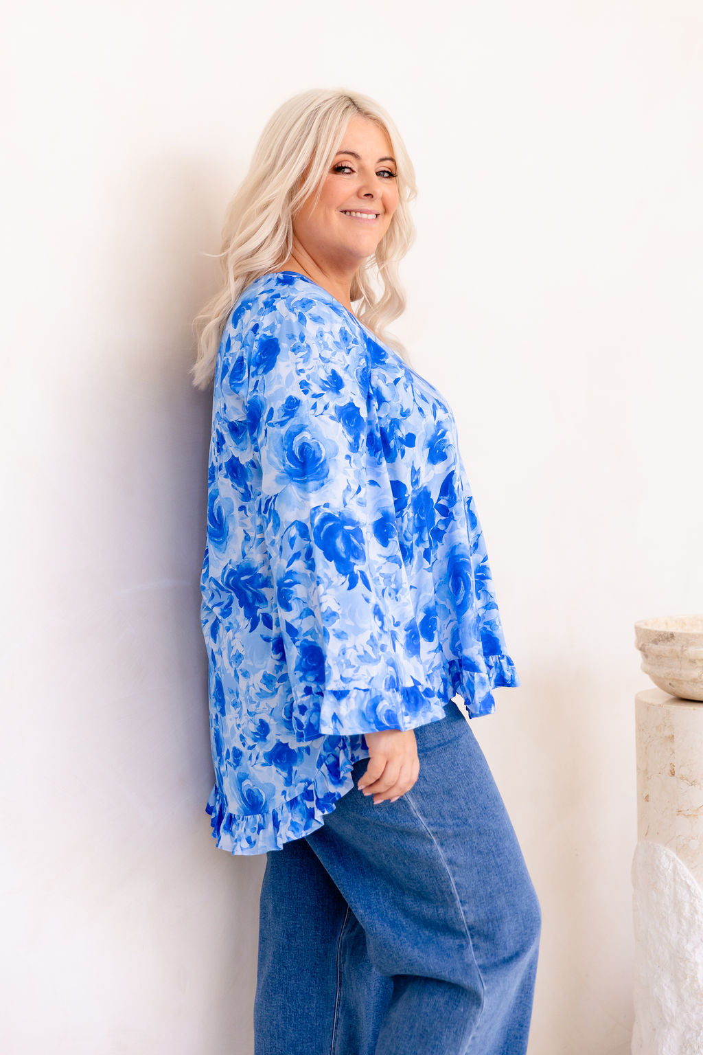 Natalie Long Sleeve Top in Blue Roses
