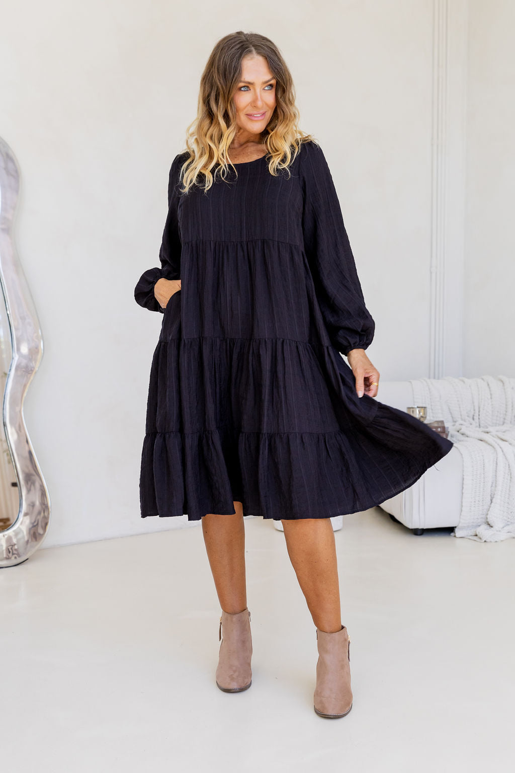 Long Sleeve Greta Midi Dress in Black