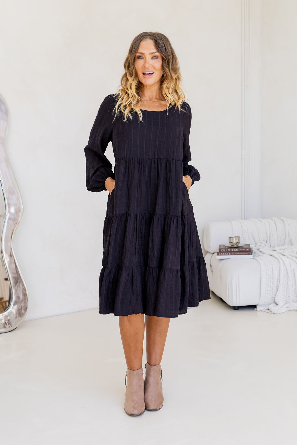 Long Sleeve Greta Midi Dress in Black