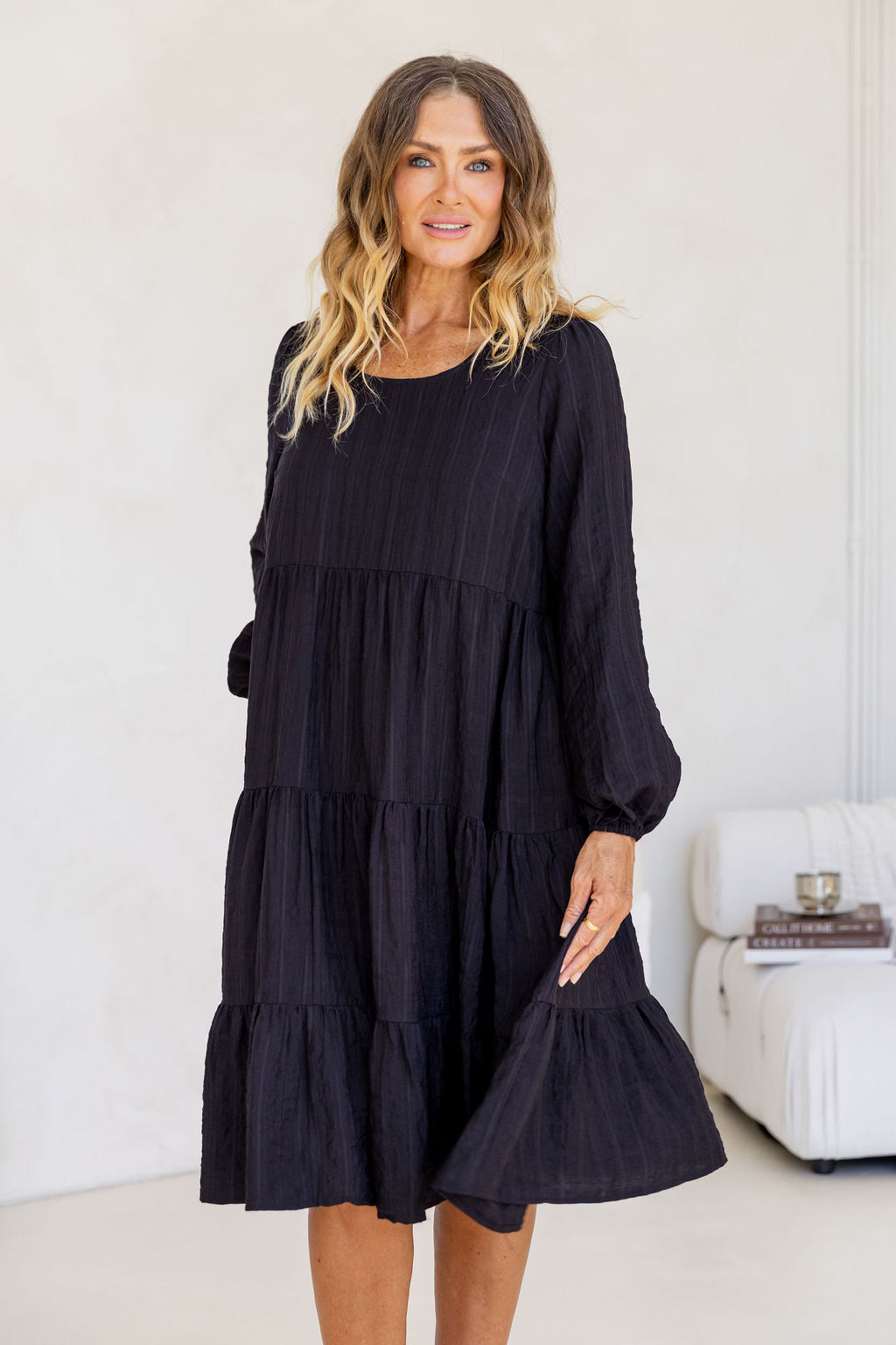 Long Sleeve Greta Midi Dress in Black