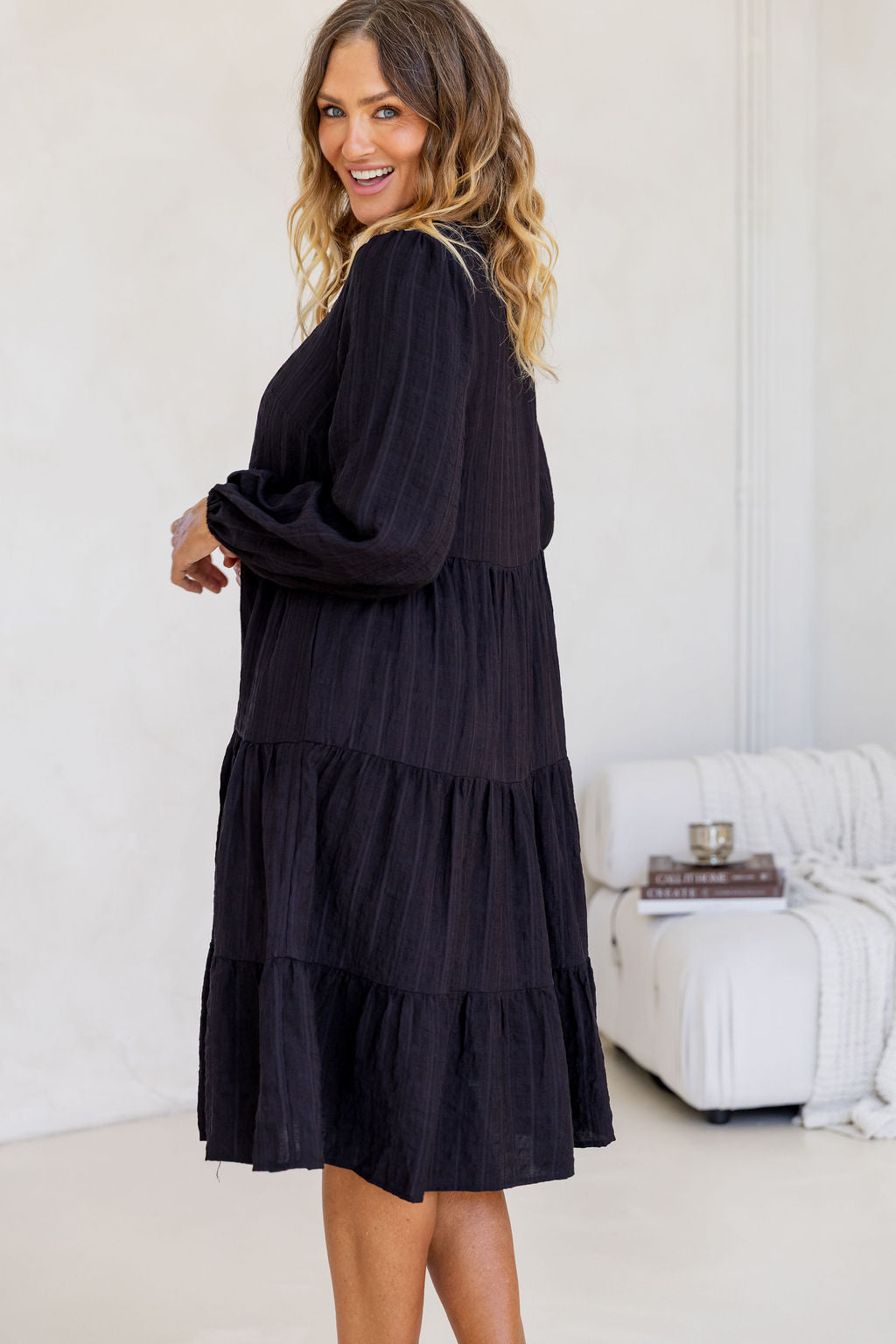 Long Sleeve Greta Midi Dress in Black
