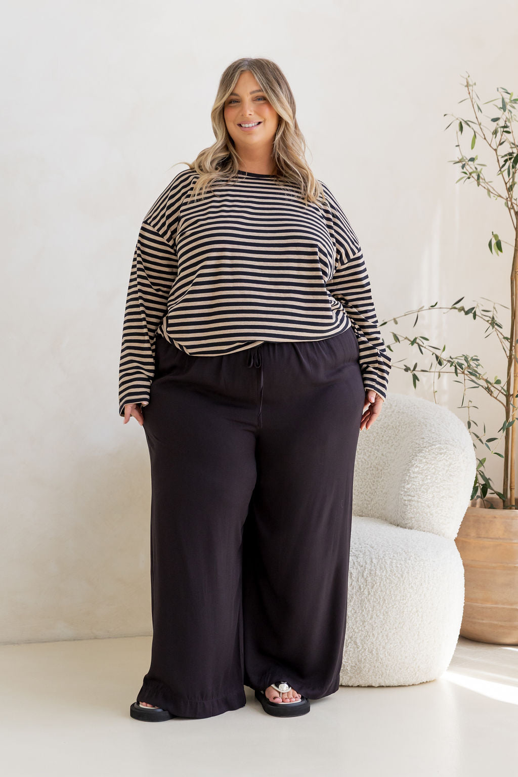 Long Sleeve Boxy Tee in Black/Oat Marle Stripes