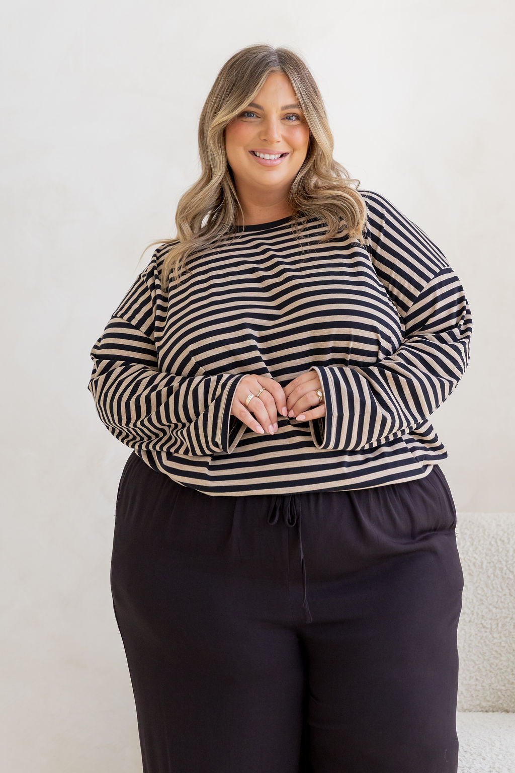 Long Sleeve Boxy Tee in Black/Oat Marle Stripes
