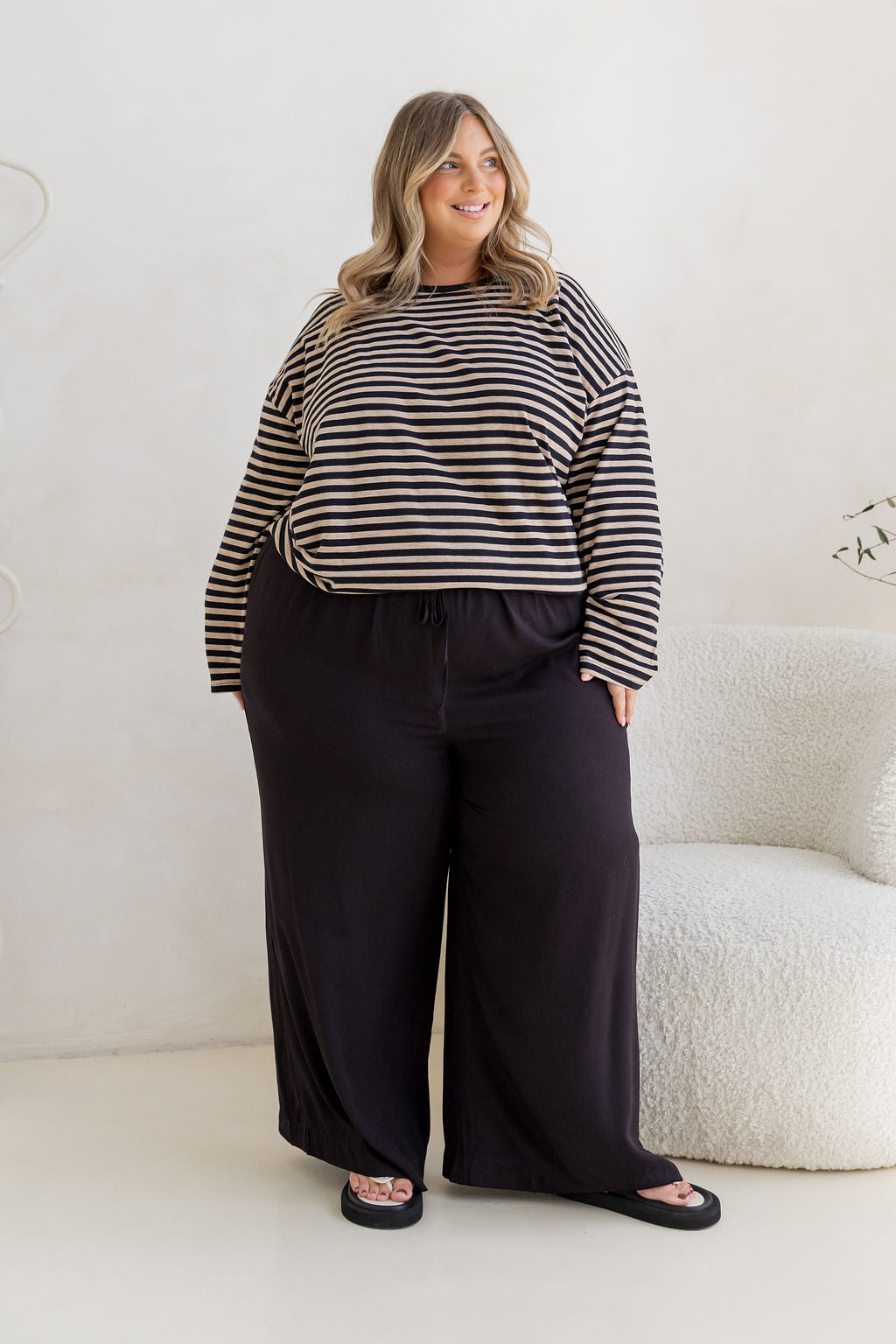 Long Sleeve Boxy Tee in Black/Oat Marle Stripes